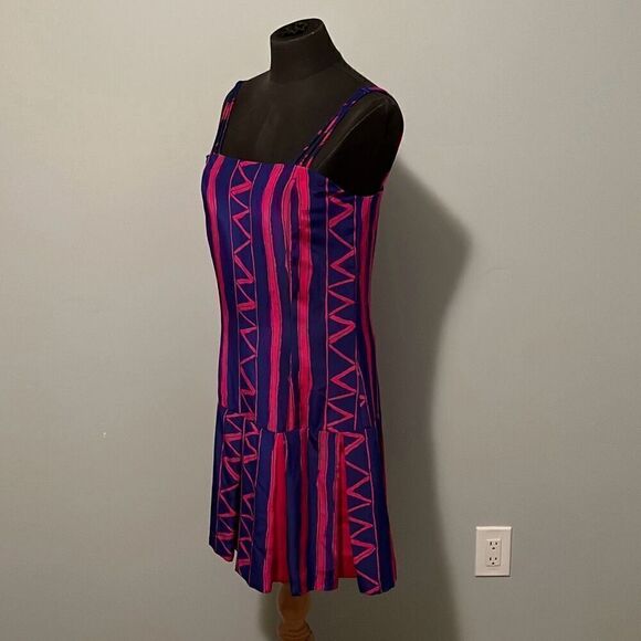Vintage Women's Pink & Blue Striped Zigzag Spaghetti Strap Pleated Dress - Picture 4 of 9